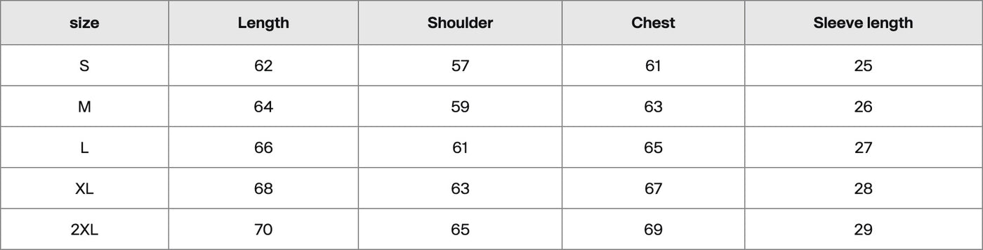 Size chart in centimetres
