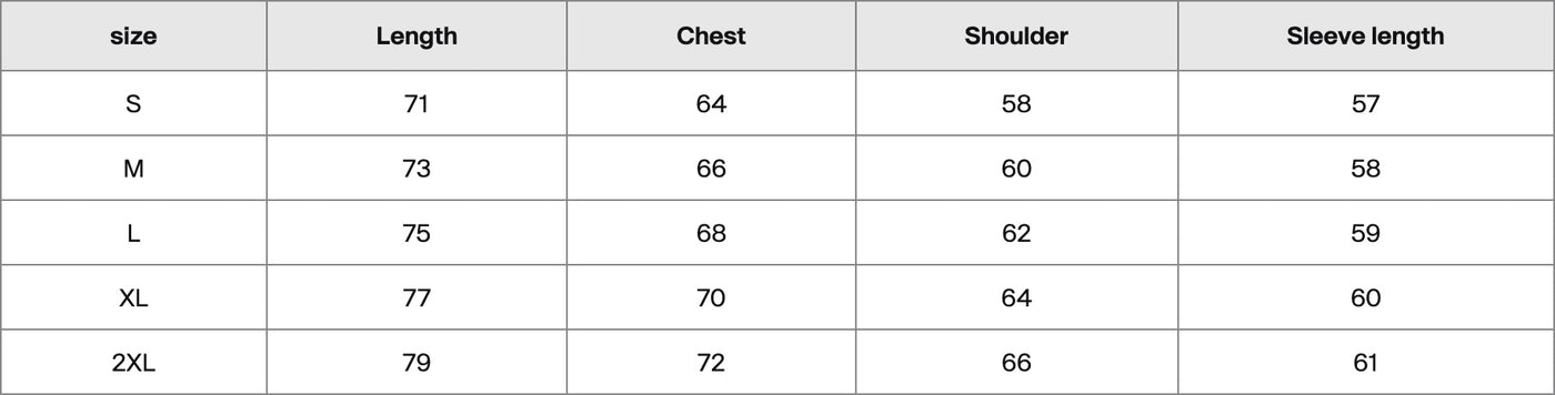 Size chart in centimetres
