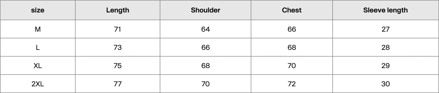 Size chart in centimetres