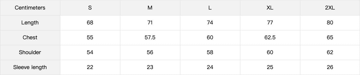 Size chart in centimetres