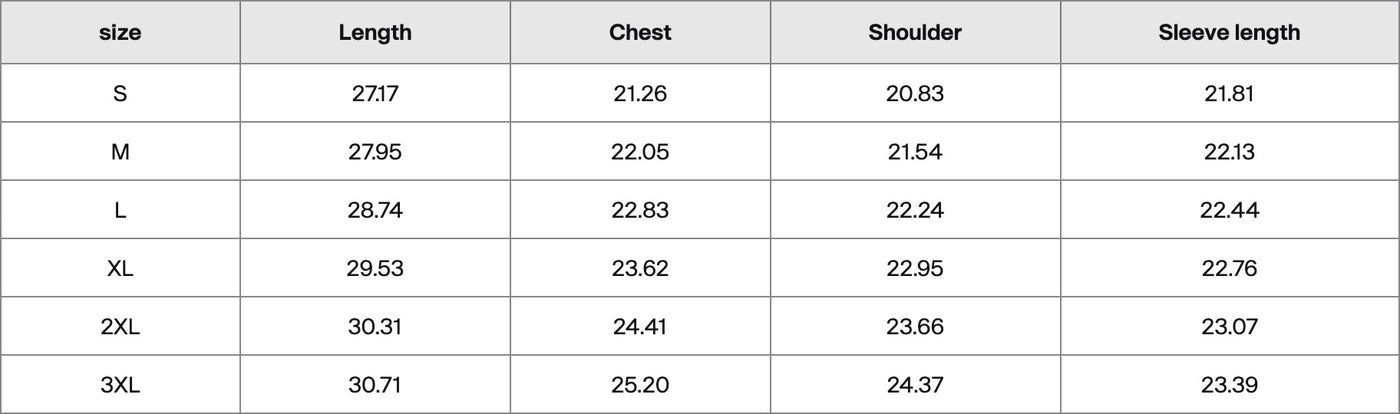 Size chart in inches