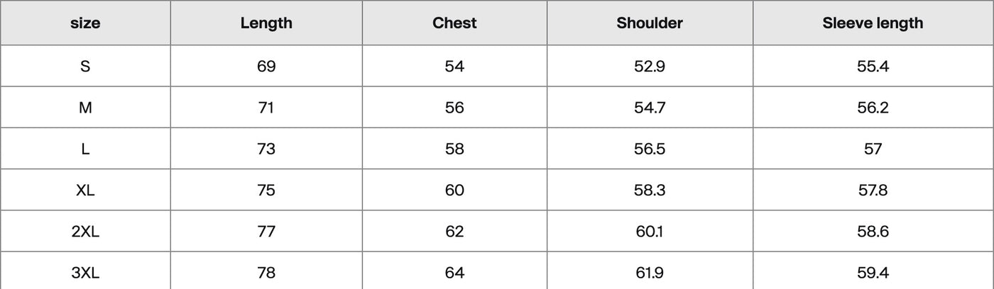 Size chart in centimetres