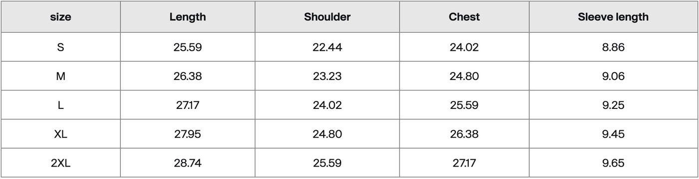 Size chart in inches