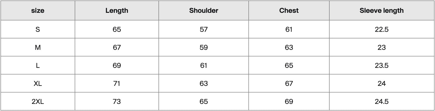 Size chart in centimetres
