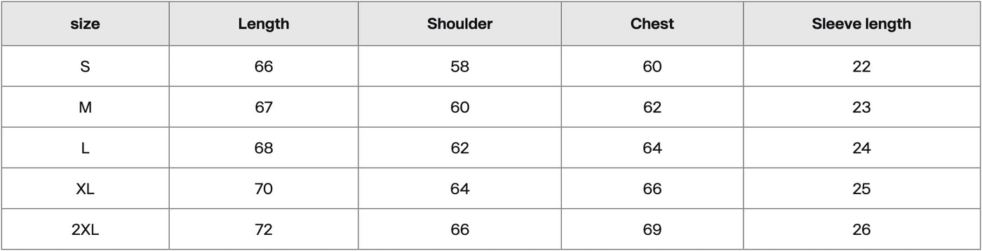 Size chart in centimetres