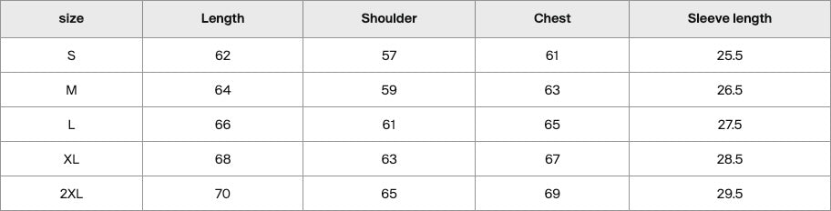 Size chart in centimetres