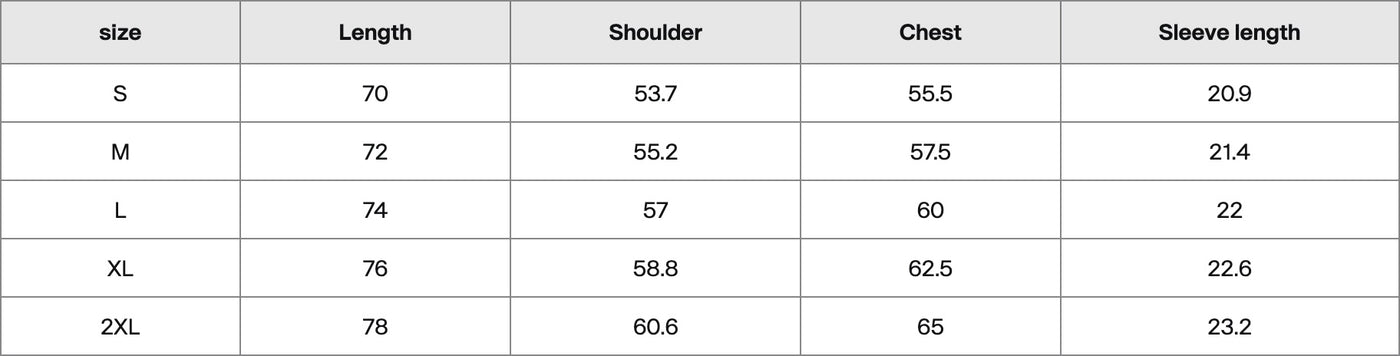Size chart in centimetres