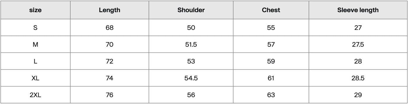 Size chart in centimetres