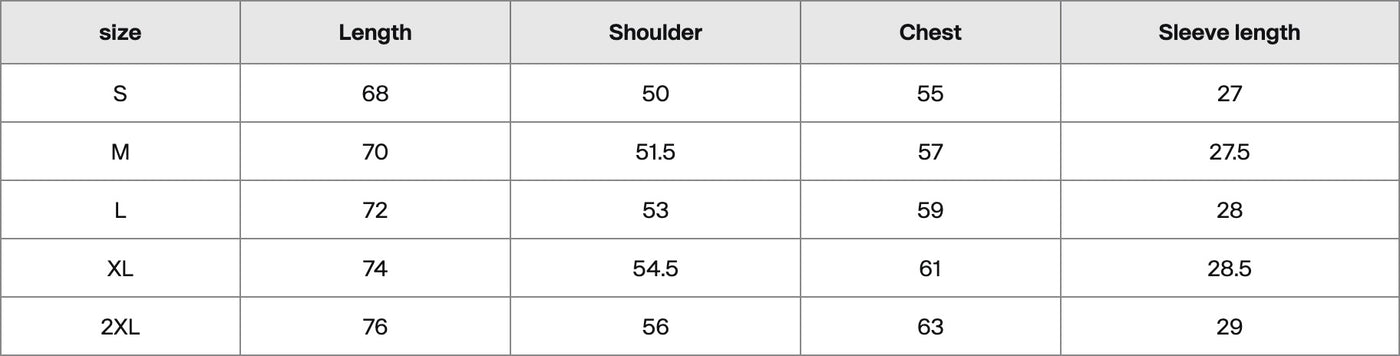 Size chart in centimetres
