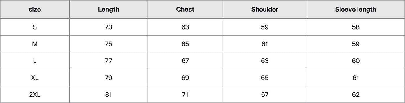 Size chart in centimetres
