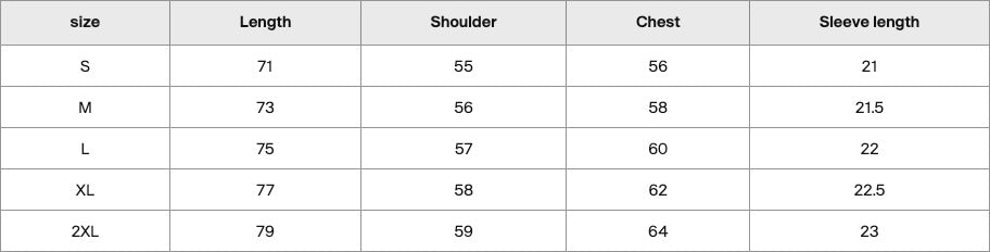 Size chart in centimetres