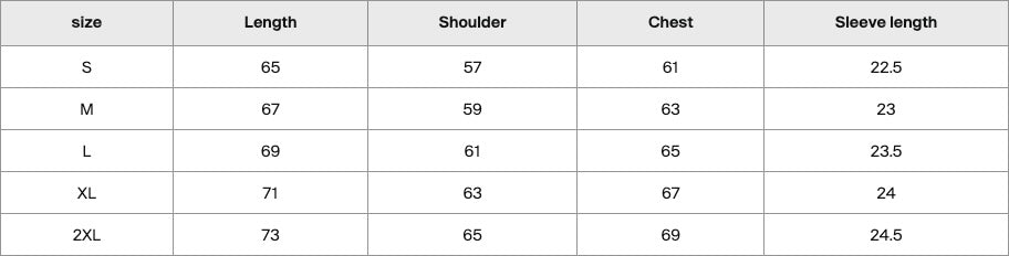 Size chart in centimetres