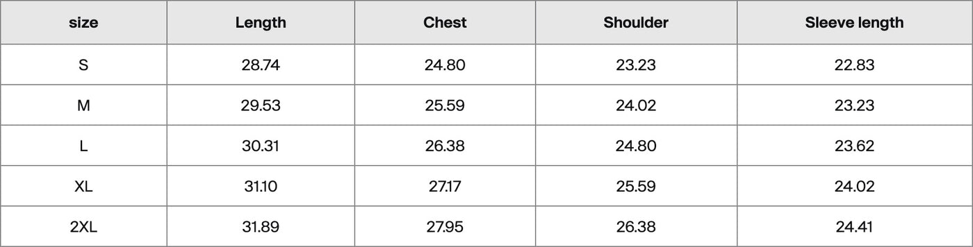 Size chart in inches