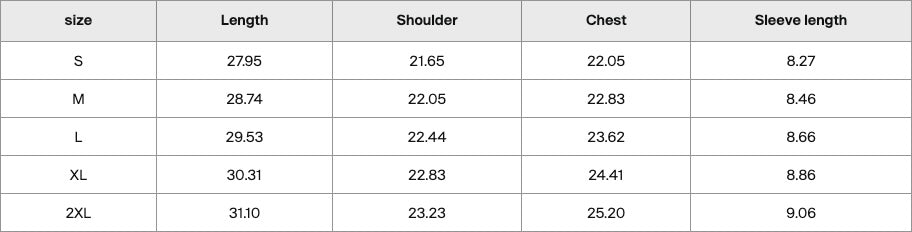 Size chart in inches