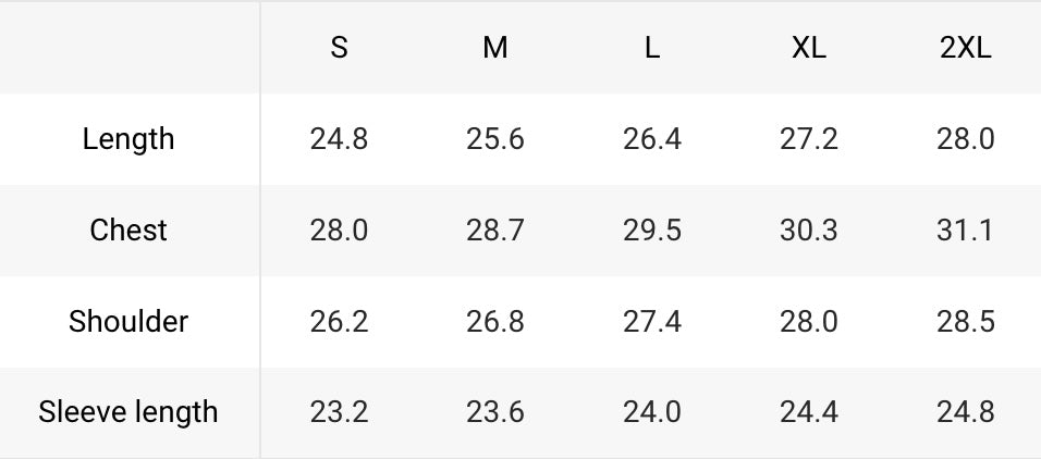 Size chart in inches