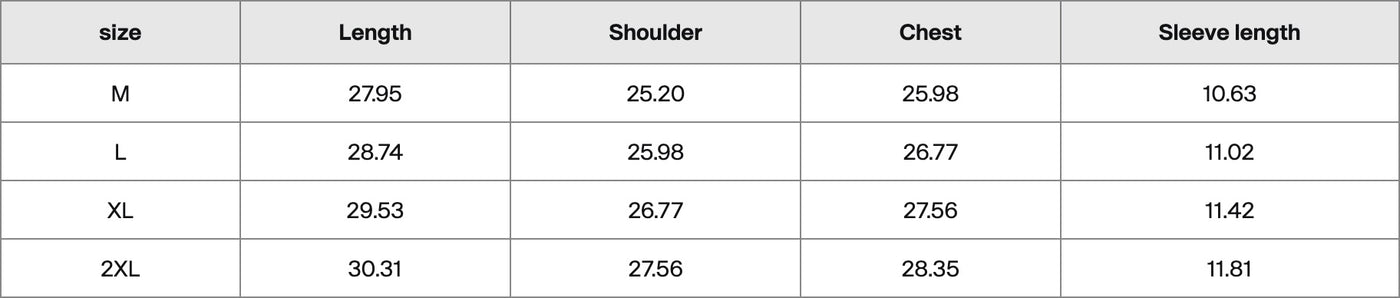 Size chart in inches