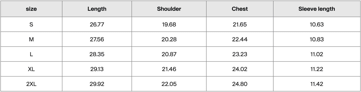 Size chart in inches