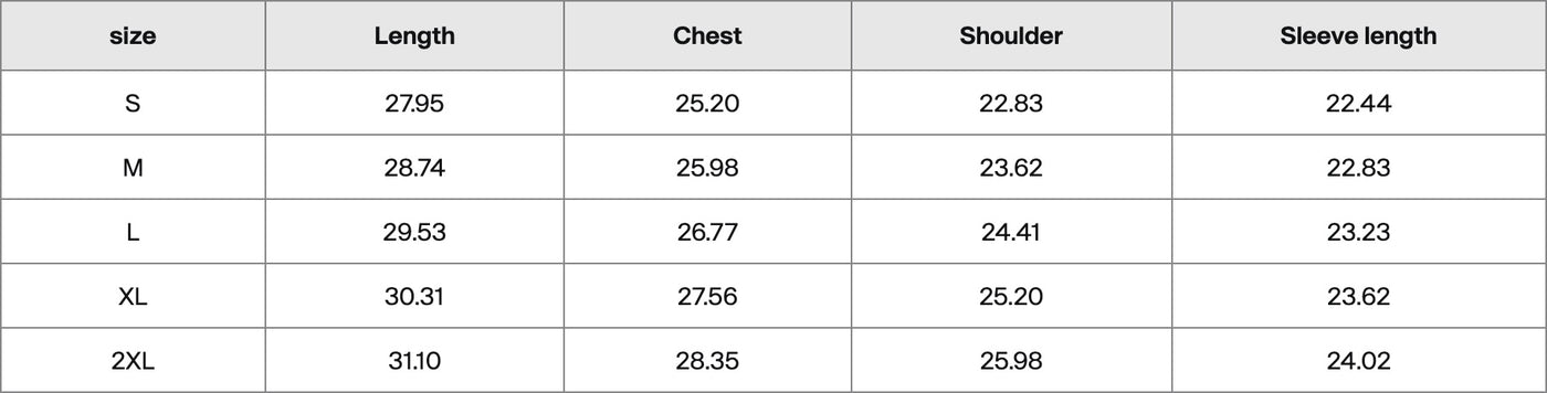 Size chart in inches