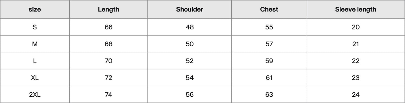 Size chart in centimetres