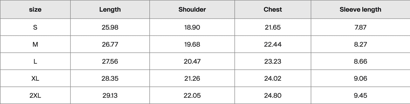 Size chart in inches