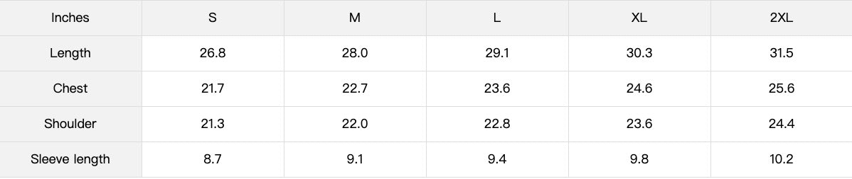 Size chart in inches