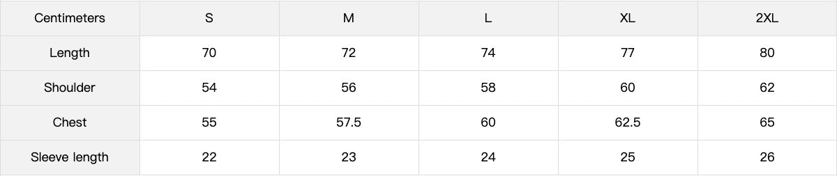 Size chart in centimetres