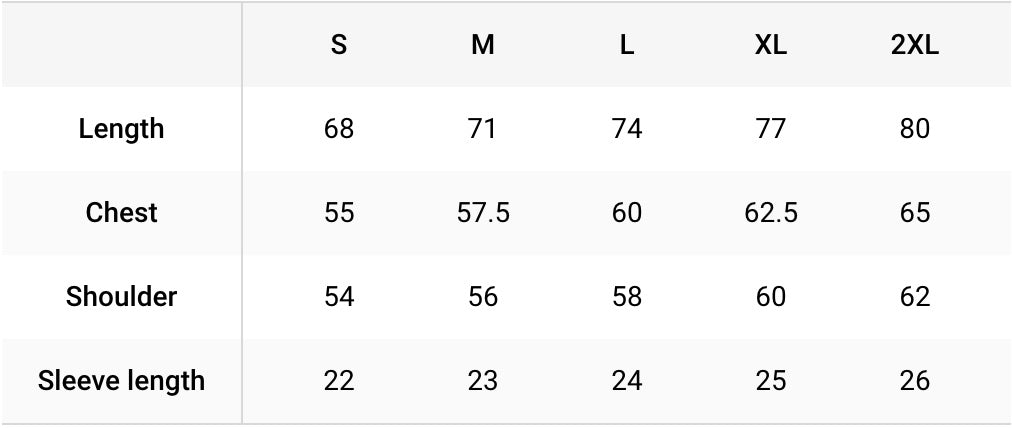 Size chart in centimetres