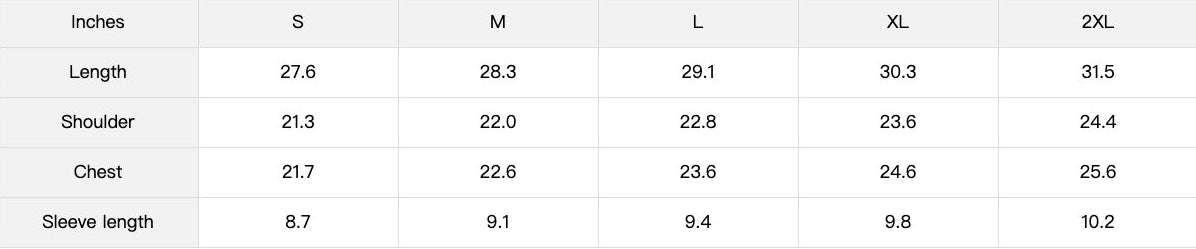 Size chart in inches